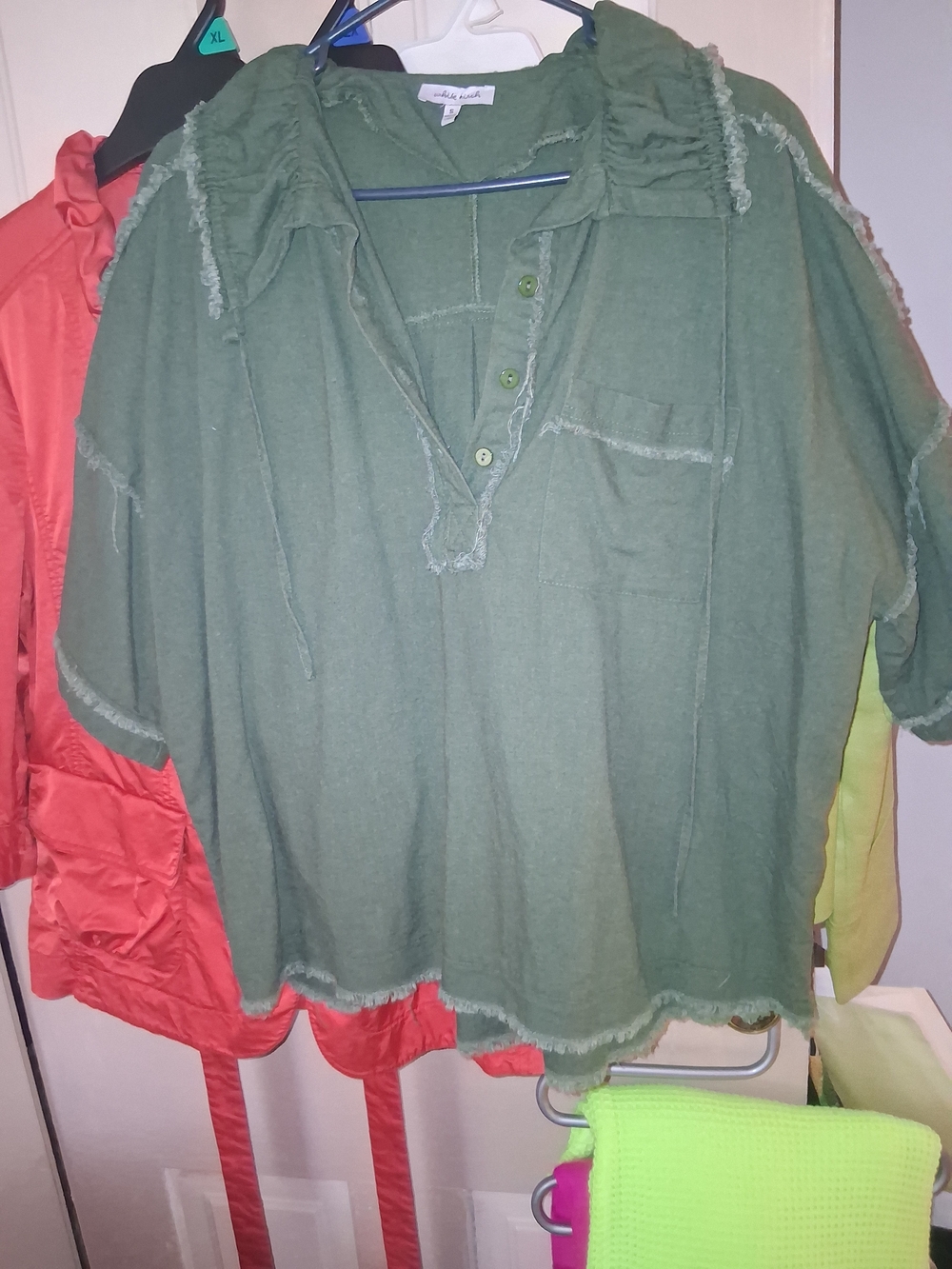 white birch Distressed Olive Green Ruched Collar Pullover